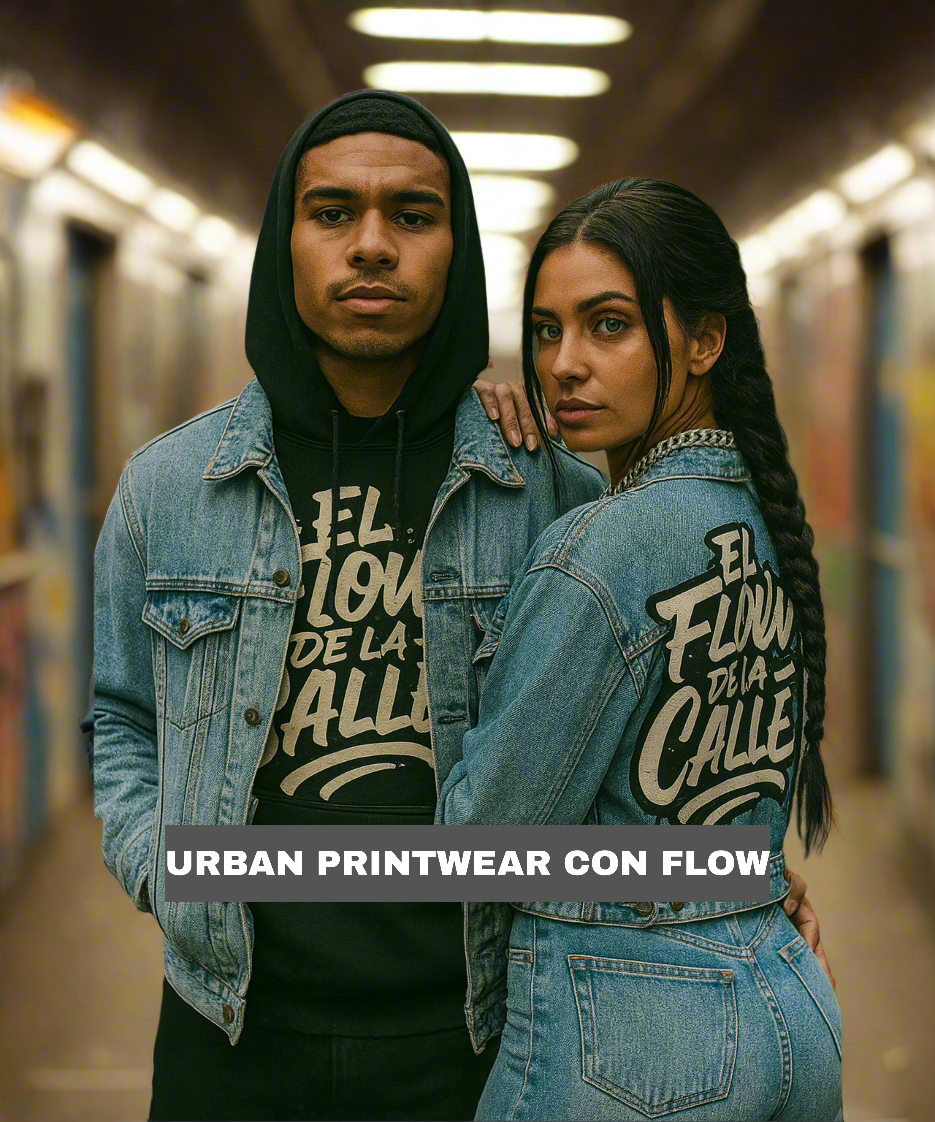 Two people wearing denim jackets with text on a city street background